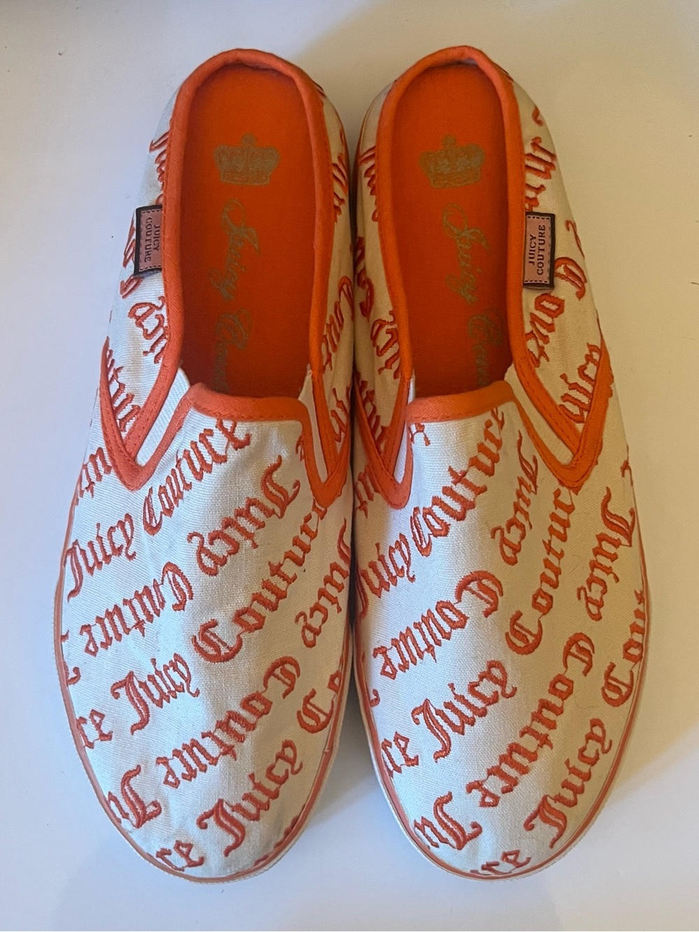 Juicy Couture Women’s Canvas Beige Orange Cotton Slip-on Mules Shoes Sz 9